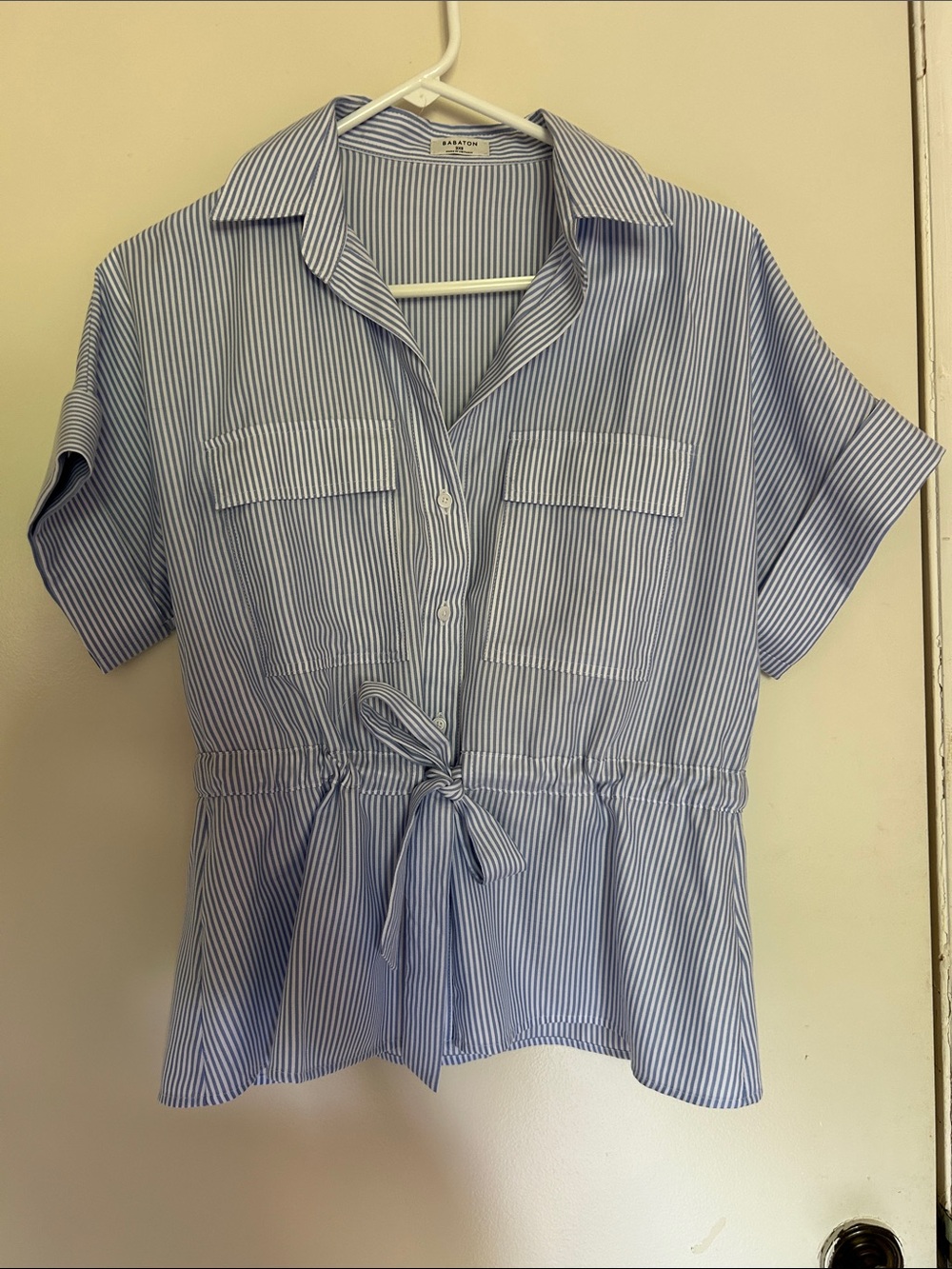 Aritzia Blue and White Striped Tie-Waist Button Down Shirt (Oversized)